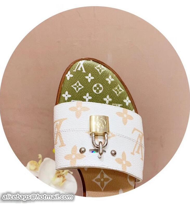 Inexpensive Louis Vuitton Heel 4.5cm Lock It Mules Monogram Canvas LV94930 White/Green/Apricot 2019