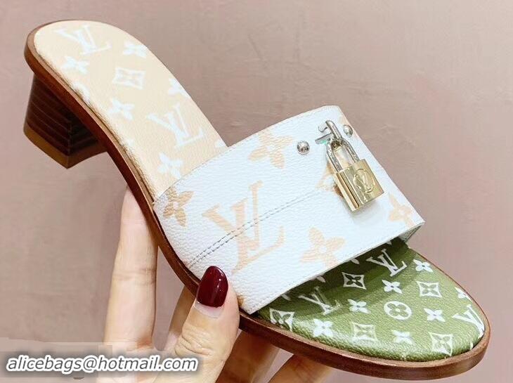 Inexpensive Louis Vuitton Heel 4.5cm Lock It Mules Monogram Canvas LV94930 White/Green/Apricot 2019