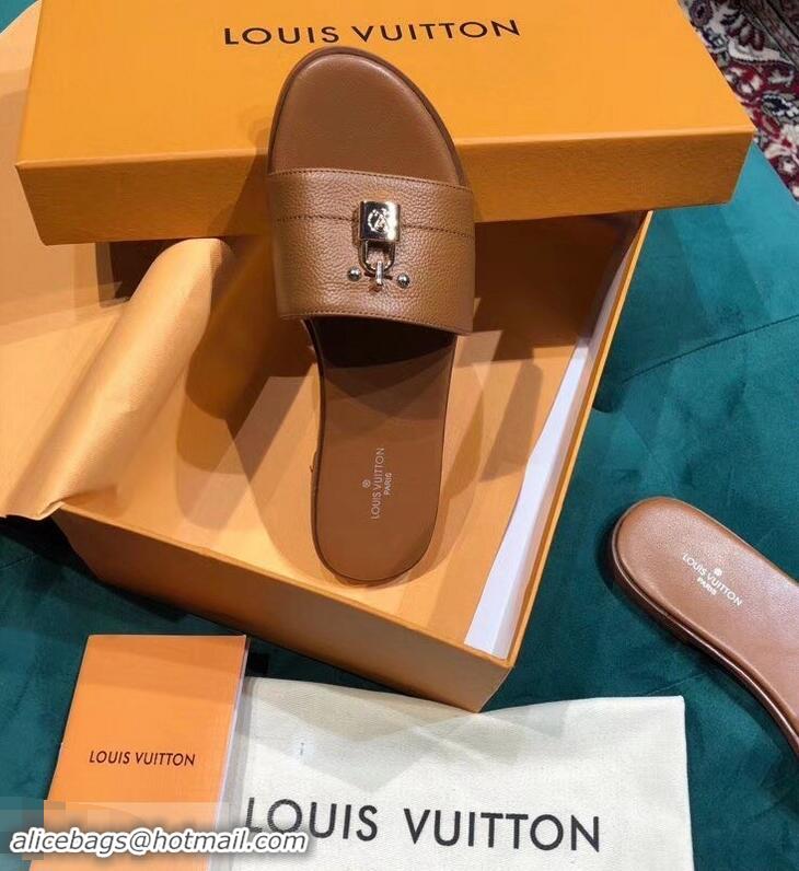 Discount Louis Vuitton Lock It Flat Mules LV94901 Grained Brown 2019