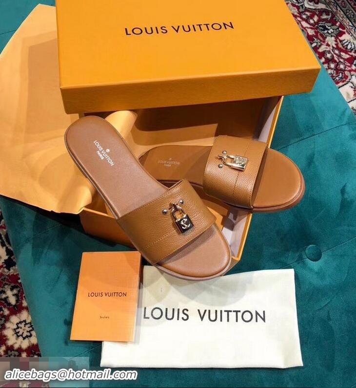 Discount Louis Vuitton Lock It Flat Mules LV94901 Grained Brown 2019