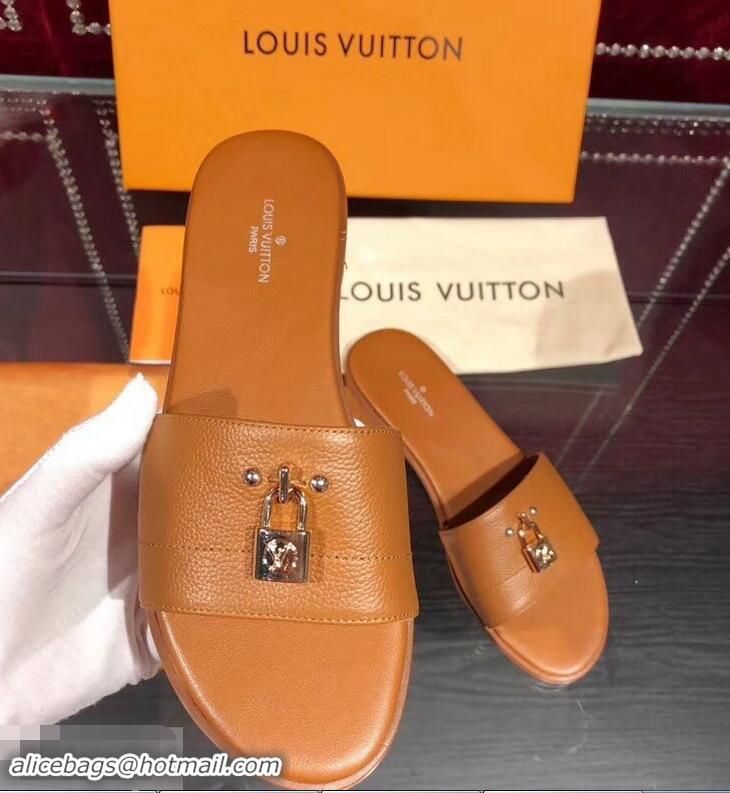 Discount Louis Vuitton Lock It Flat Mules LV94901 Grained Brown 2019