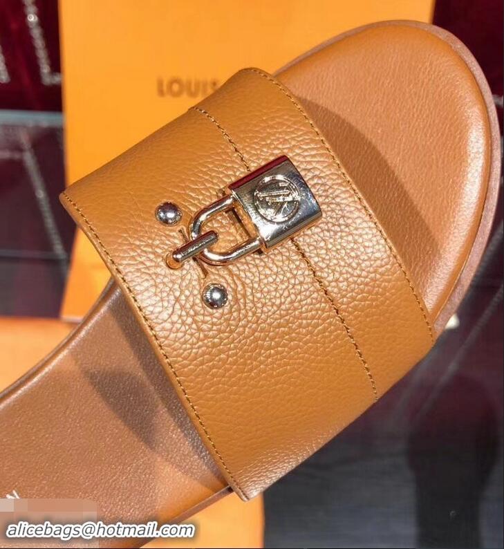 Discount Louis Vuitton Lock It Flat Mules LV94901 Grained Brown 2019