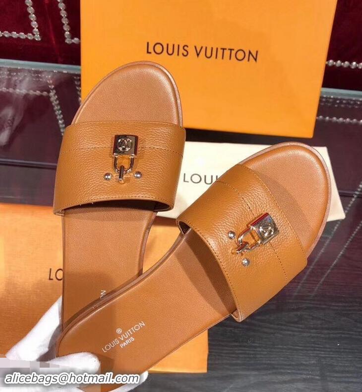 Discount Louis Vuitton Lock It Flat Mules LV94901 Grained Brown 2019