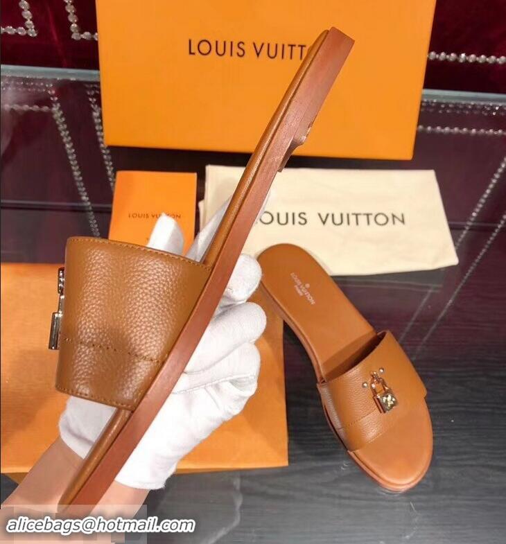 Discount Louis Vuitton Lock It Flat Mules LV94901 Grained Brown 2019