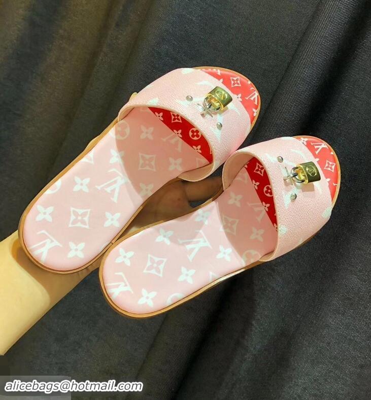 Shop Duplicate Louis Vuitton Lock It Flat Mules Monogram Canvas LV94909 Pink/Red 2019