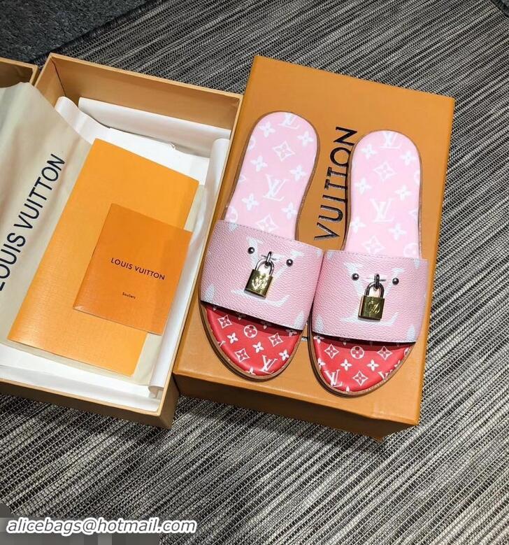 Shop Duplicate Louis Vuitton Lock It Flat Mules Monogram Canvas LV94909 Pink/Red 2019