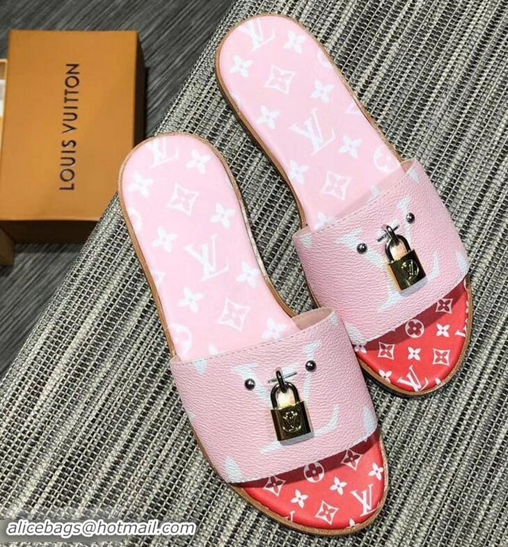 Shop Duplicate Louis Vuitton Lock It Flat Mules Monogram Canvas LV94909 Pink/Red 2019