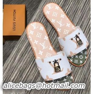 Faux Louis Vuitton Lock It Flat Mules Monogram Canvas LV94909 White/Green/Apricot 2019