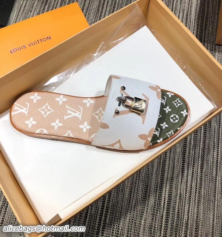 Faux Louis Vuitton Lock It Flat Mules Monogram Canvas LV94909 White/Green/Apricot 2019