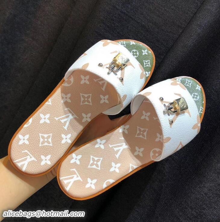 Faux Louis Vuitton Lock It Flat Mules Monogram Canvas LV94909 White/Green/Apricot 2019