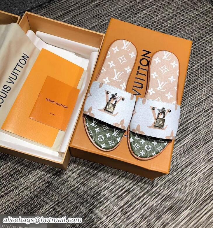 Faux Louis Vuitton Lock It Flat Mules Monogram Canvas LV94909 White/Green/Apricot 2019