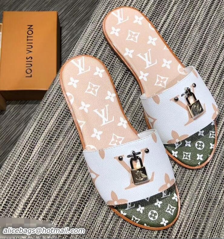 Faux Louis Vuitton Lock It Flat Mules Monogram Canvas LV94909 White/Green/Apricot 2019