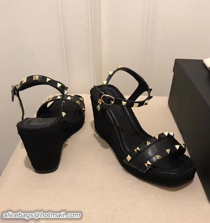 Famous Brand Valentino Heel 8.5cm Wedge Sandals VT96101 Black With Studs 2019