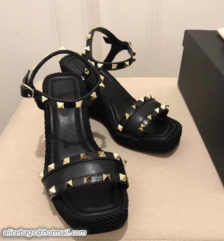 Famous Brand Valentino Heel 8.5cm Wedge Sandals VT96101 Black With Studs 2019