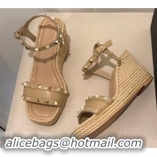 Inexpensive Valentino Heel 8.5cm Wedge Sandals VT96101 Beige With Studs 2019