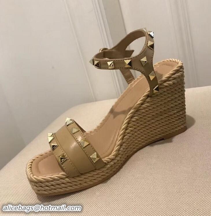 Inexpensive Valentino Heel 8.5cm Wedge Sandals VT96101 Beige With Studs 2019