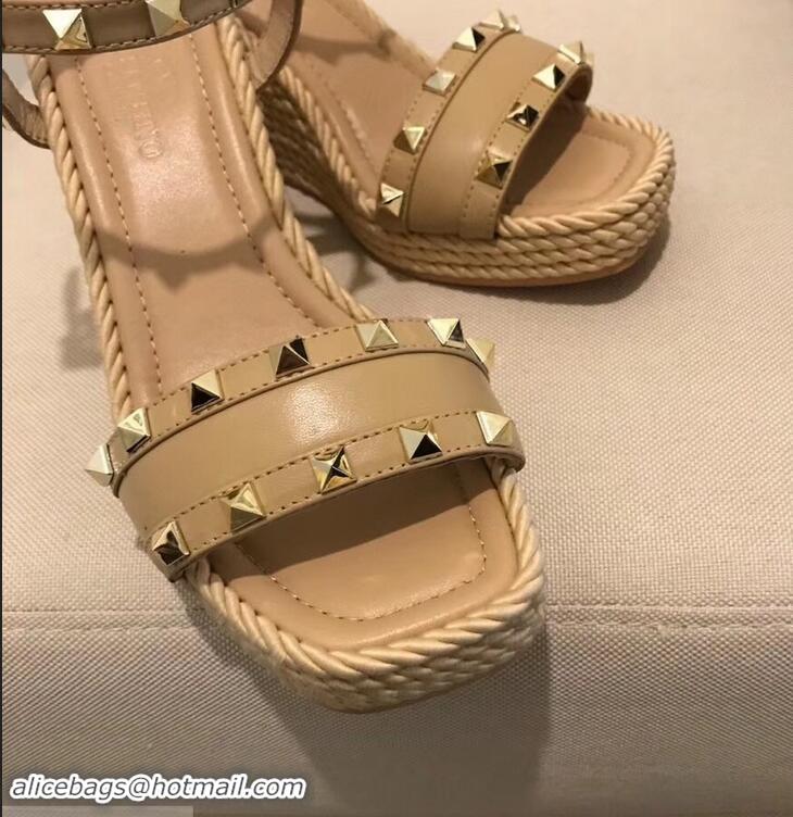 Inexpensive Valentino Heel 8.5cm Wedge Sandals VT96101 Beige With Studs 2019