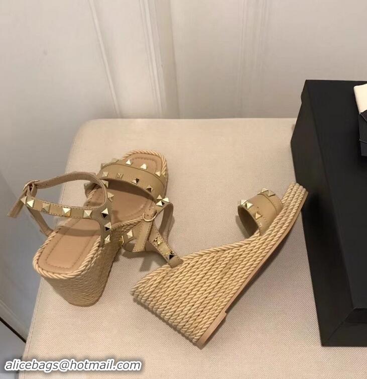 Inexpensive Valentino Heel 8.5cm Wedge Sandals VT96101 Beige With Studs 2019