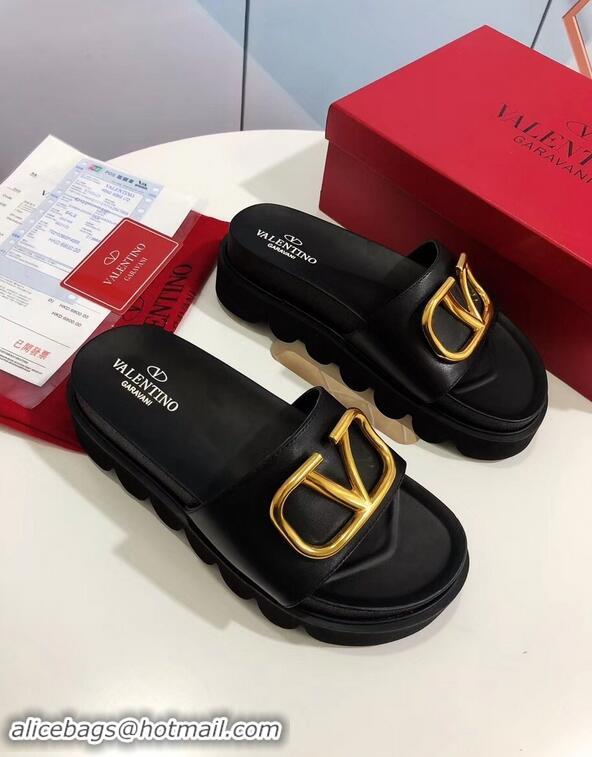 Discount Valentino Heel 6cm Slide Sandals VT96313 Black With VLogo Detail 2019