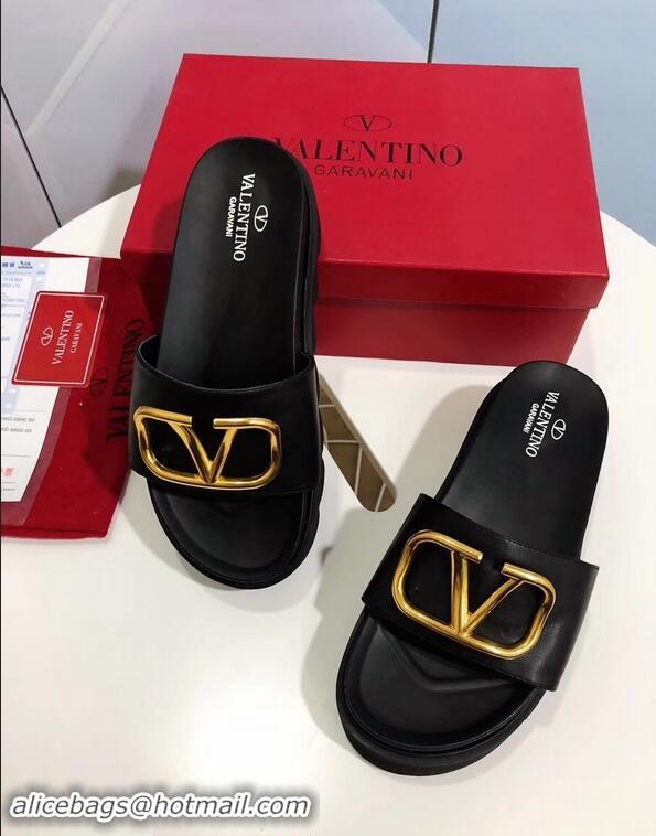 Discount Valentino Heel 6cm Slide Sandals VT96313 Black With VLogo Detail 2019