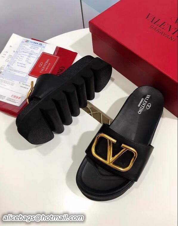 Discount Valentino Heel 6cm Slide Sandals VT96313 Black With VLogo Detail 2019