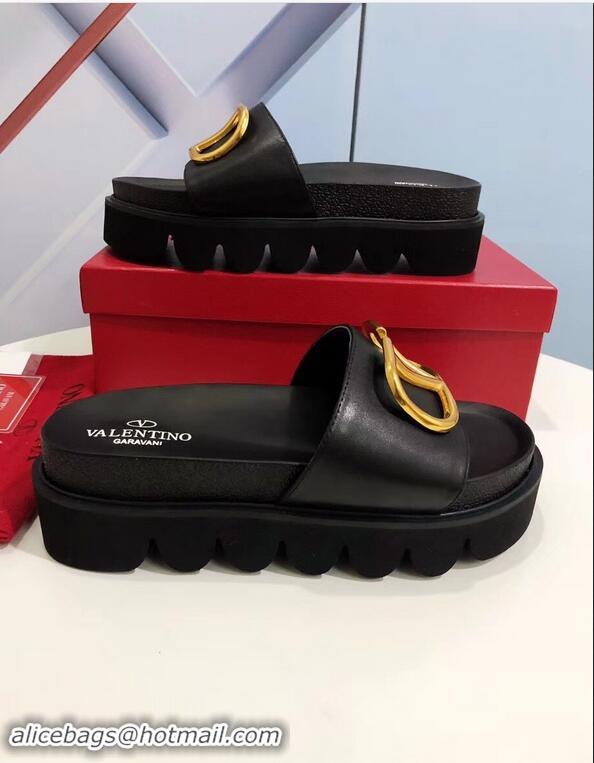 Discount Valentino Heel 6cm Slide Sandals VT96313 Black With VLogo Detail 2019