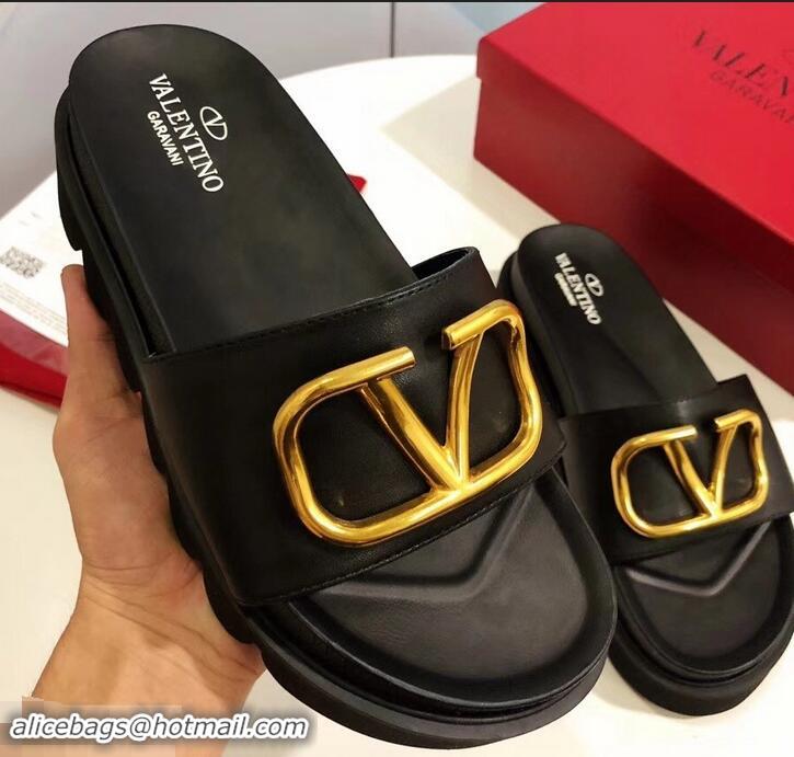 Discount Valentino Heel 6cm Slide Sandals VT96313 Black With VLogo Detail 2019