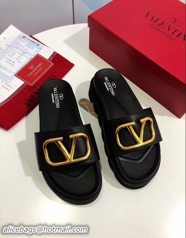 Discount Valentino Heel 6cm Slide Sandals VT96313 Black With VLogo Detail 2019