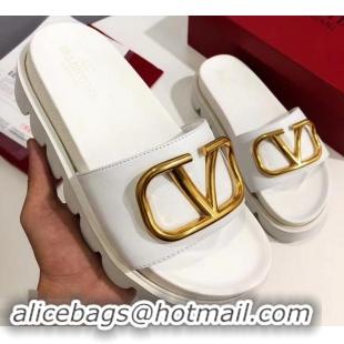 Hot Sell Valentino Heel 6cm Slide Sandals VT96313 White With VLogo Detail 2019