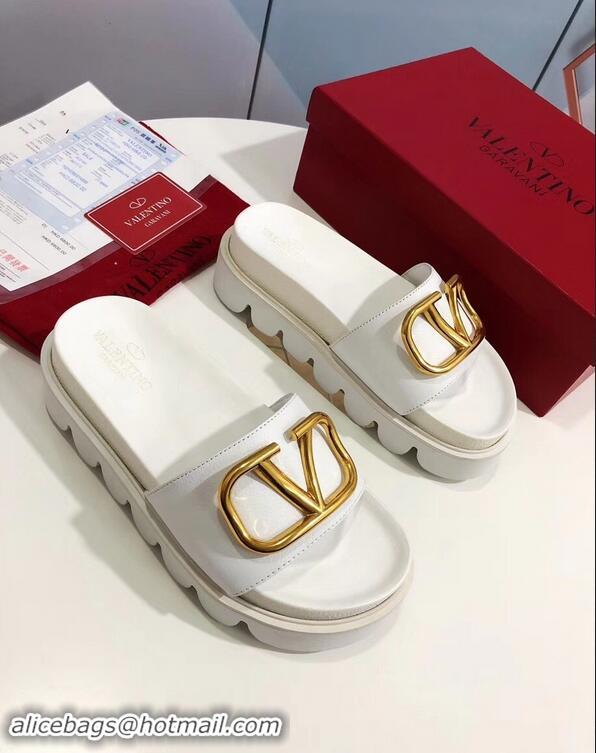 Hot Sell Valentino Heel 6cm Slide Sandals VT96313 White With VLogo Detail 2019