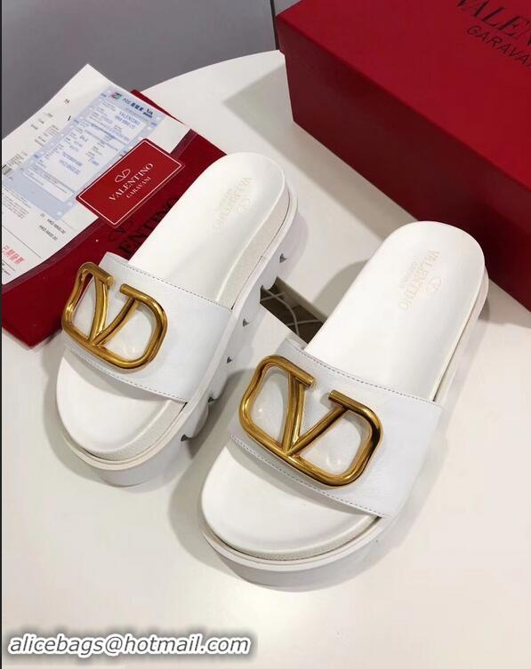 Hot Sell Valentino Heel 6cm Slide Sandals VT96313 White With VLogo Detail 2019