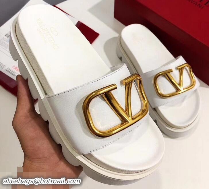 Hot Sell Valentino Heel 6cm Slide Sandals VT96313 White With VLogo Detail 2019