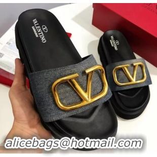 Promotional Valentino Heel 6cm Slide Sandals VT96313 Denim Gray With VLogo Detail 2019