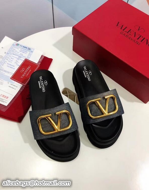 Promotional Valentino Heel 6cm Slide Sandals VT96313 Denim Gray With VLogo Detail 2019