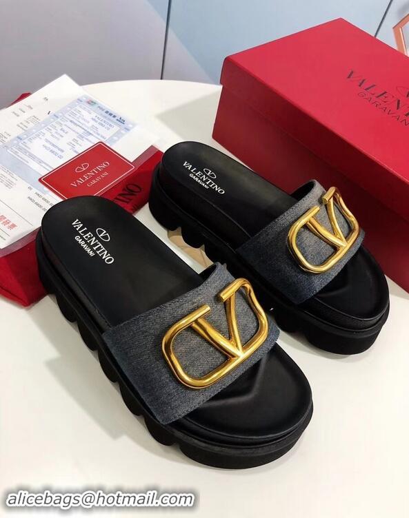 Promotional Valentino Heel 6cm Slide Sandals VT96313 Denim Gray With VLogo Detail 2019