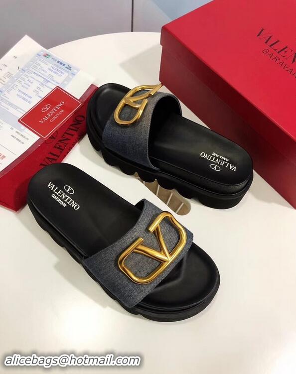 Promotional Valentino Heel 6cm Slide Sandals VT96313 Denim Gray With VLogo Detail 2019