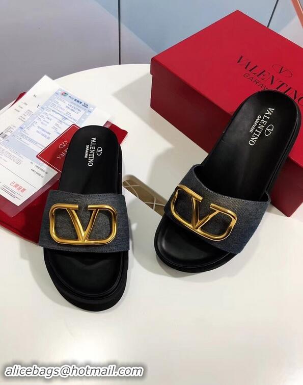 Promotional Valentino Heel 6cm Slide Sandals VT96313 Denim Gray With VLogo Detail 2019