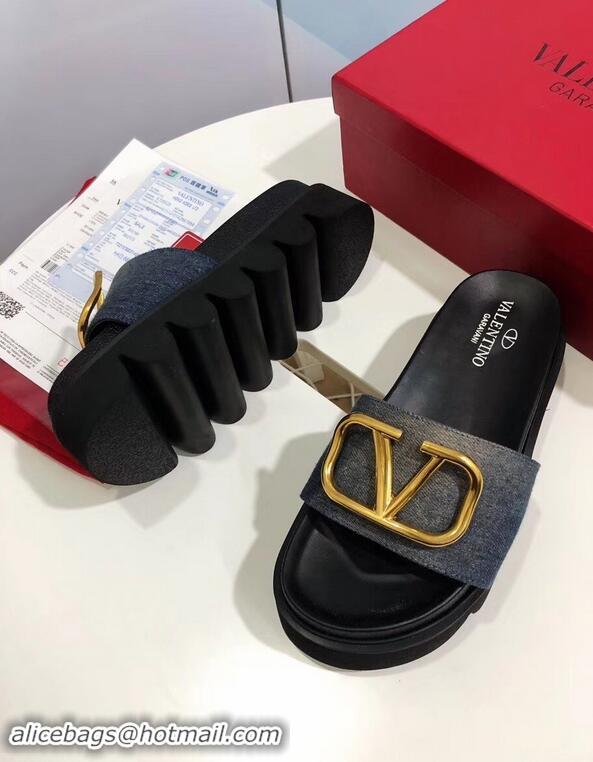 Promotional Valentino Heel 6cm Slide Sandals VT96313 Denim Gray With VLogo Detail 2019