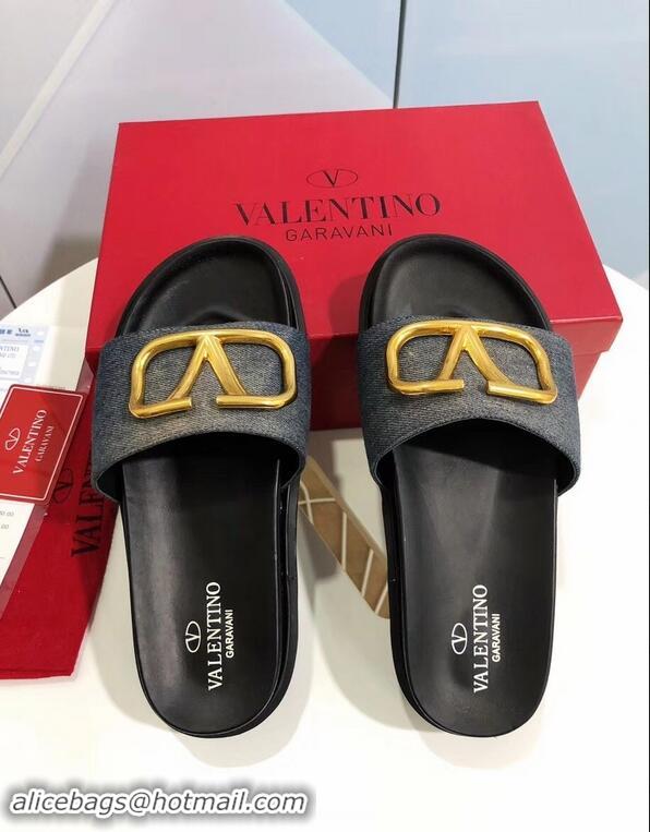 Promotional Valentino Heel 6cm Slide Sandals VT96313 Denim Gray With VLogo Detail 2019