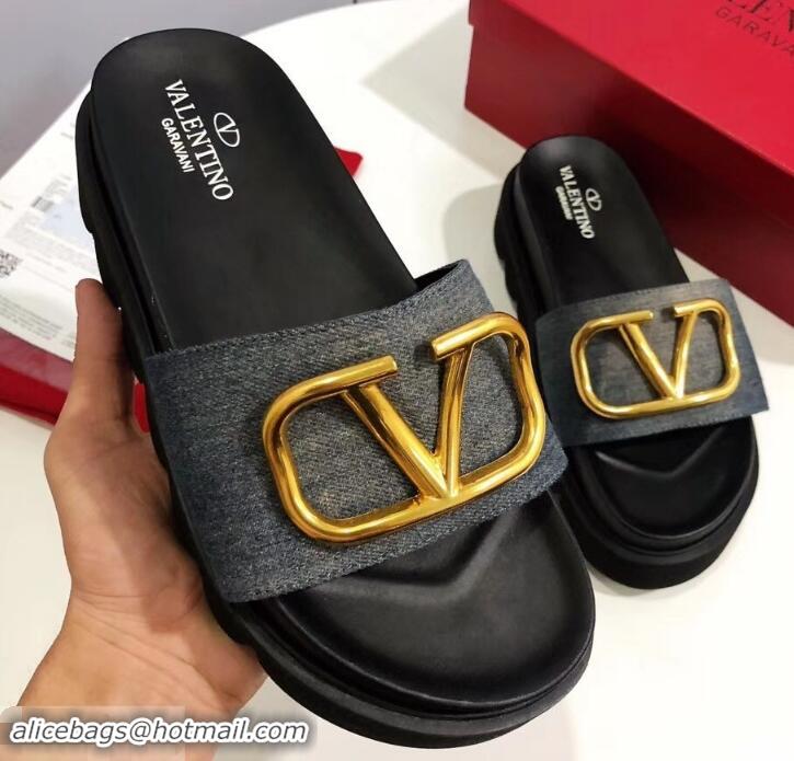 Promotional Valentino Heel 6cm Slide Sandals VT96313 Denim Gray With VLogo Detail 2019