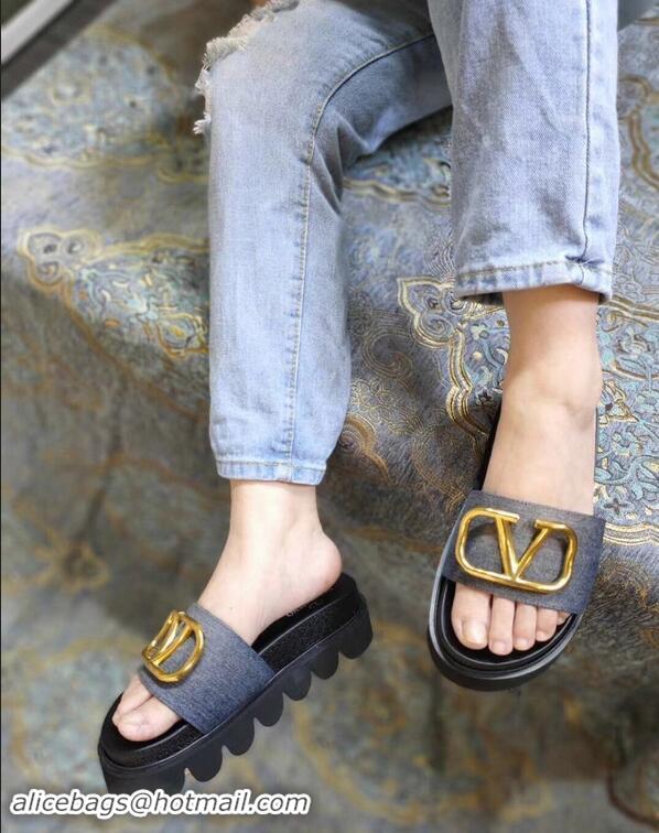 Promotional Valentino Heel 6cm Slide Sandals VT96313 Denim Gray With VLogo Detail 2019