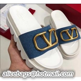 Unique Grade Valentino Heel 6cm Slide Sandals VT96313 Denim Blue With VLogo Detail 2019