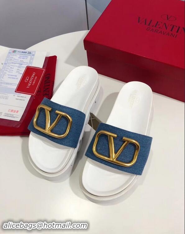 Unique Grade Valentino Heel 6cm Slide Sandals VT96313 Denim Blue With VLogo Detail 2019