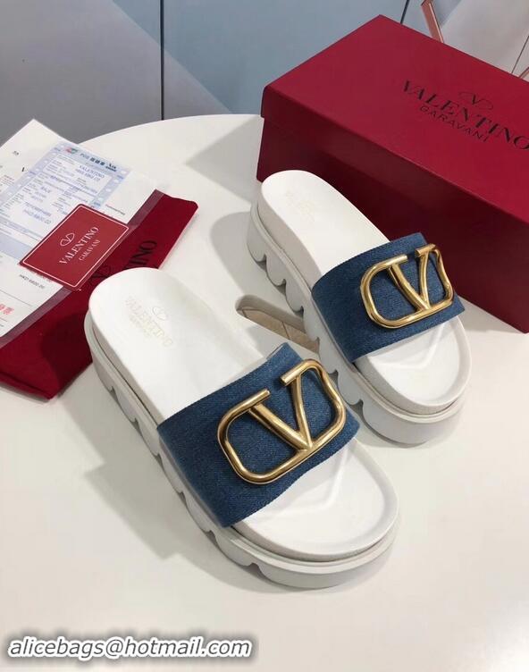 Unique Grade Valentino Heel 6cm Slide Sandals VT96313 Denim Blue With VLogo Detail 2019