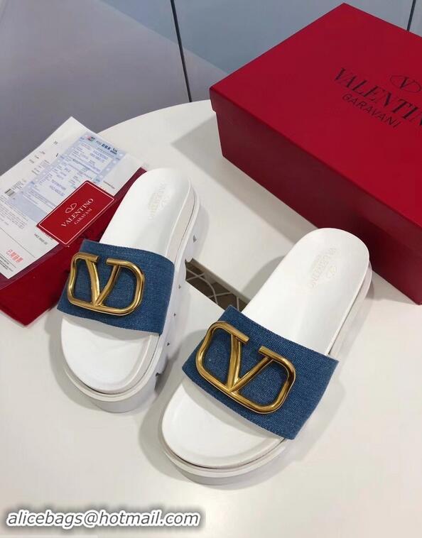 Unique Grade Valentino Heel 6cm Slide Sandals VT96313 Denim Blue With VLogo Detail 2019