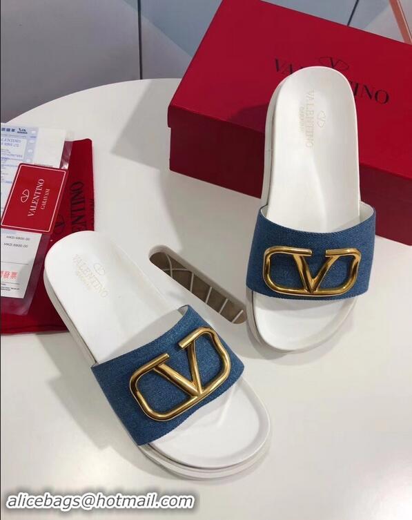 Unique Grade Valentino Heel 6cm Slide Sandals VT96313 Denim Blue With VLogo Detail 2019