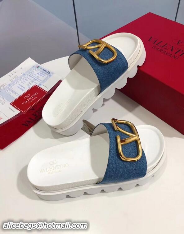 Unique Grade Valentino Heel 6cm Slide Sandals VT96313 Denim Blue With VLogo Detail 2019