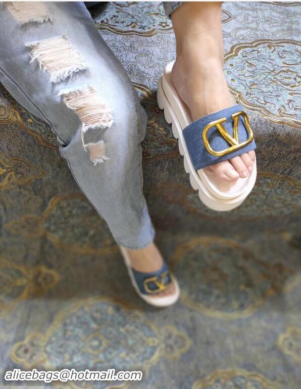 Unique Grade Valentino Heel 6cm Slide Sandals VT96313 Denim Blue With VLogo Detail 2019