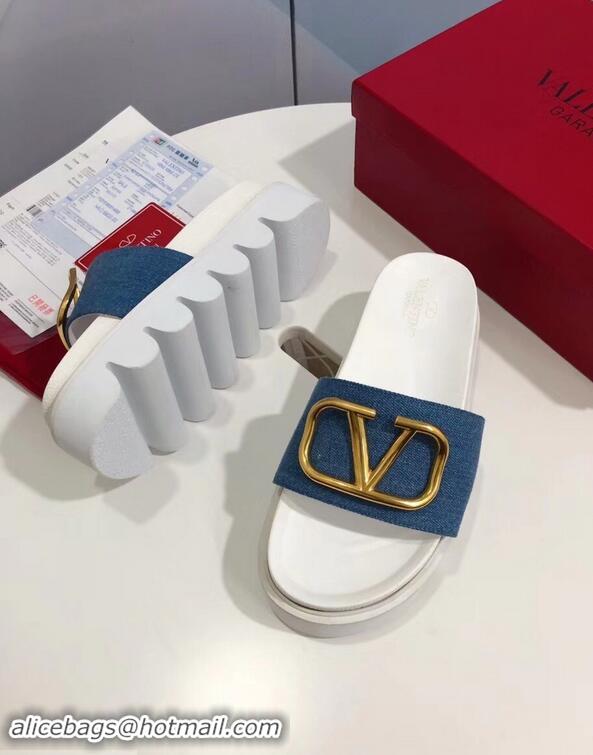 Unique Grade Valentino Heel 6cm Slide Sandals VT96313 Denim Blue With VLogo Detail 2019