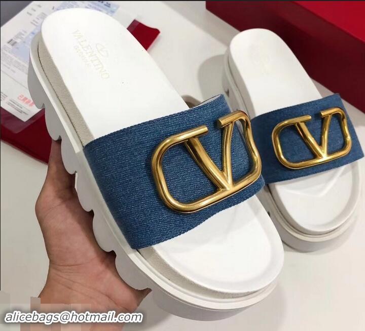 Unique Grade Valentino Heel 6cm Slide Sandals VT96313 Denim Blue With VLogo Detail 2019